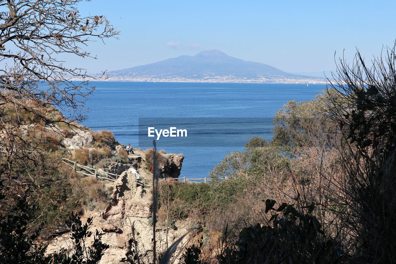 SCENIC VIEW OF SEA BY MOUNTAINS AGAINST CLEAR SKY