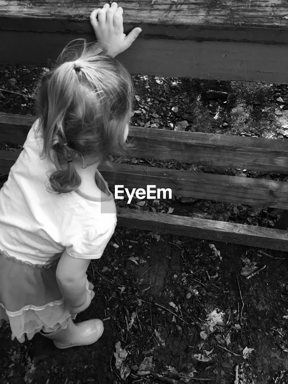 High angle view of girl looking through wooden railing