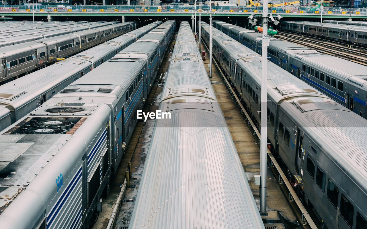 High angle view of trains at railroad station