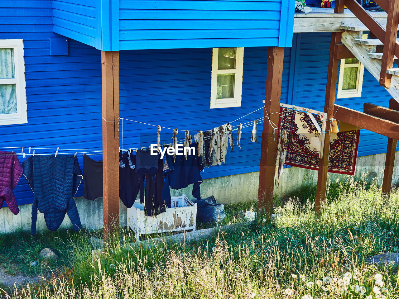 architecture, built structure, building exterior, grass, clothesline, laundry, day, no people, drying, hanging, plant, nature, blue, building, house, outdoors, sunlight, clothing, multi colored, land, wood, residential district, textile, home, hut, window