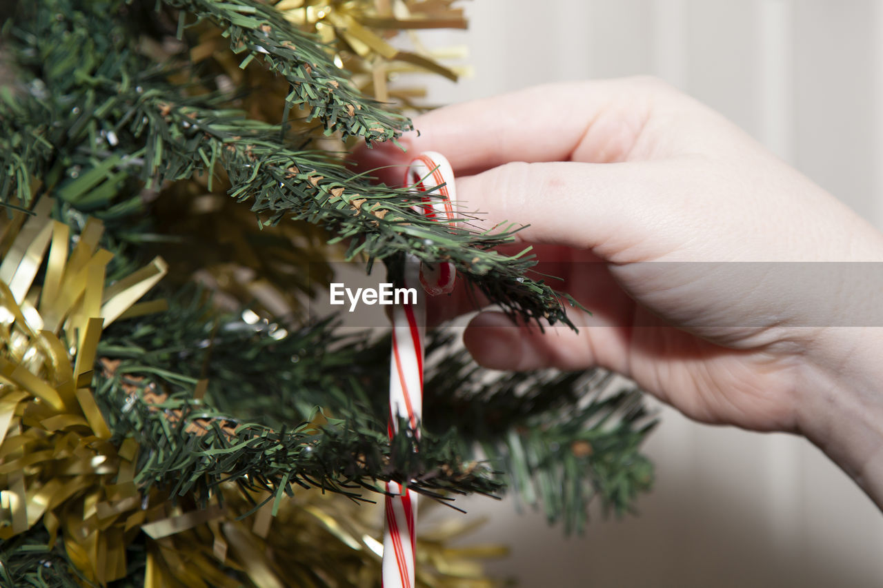 Close-up of hand decorating christmas tree