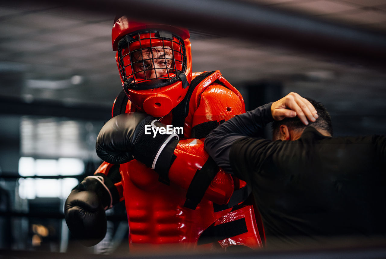 Tactical police training. man with anti-shock clothing.