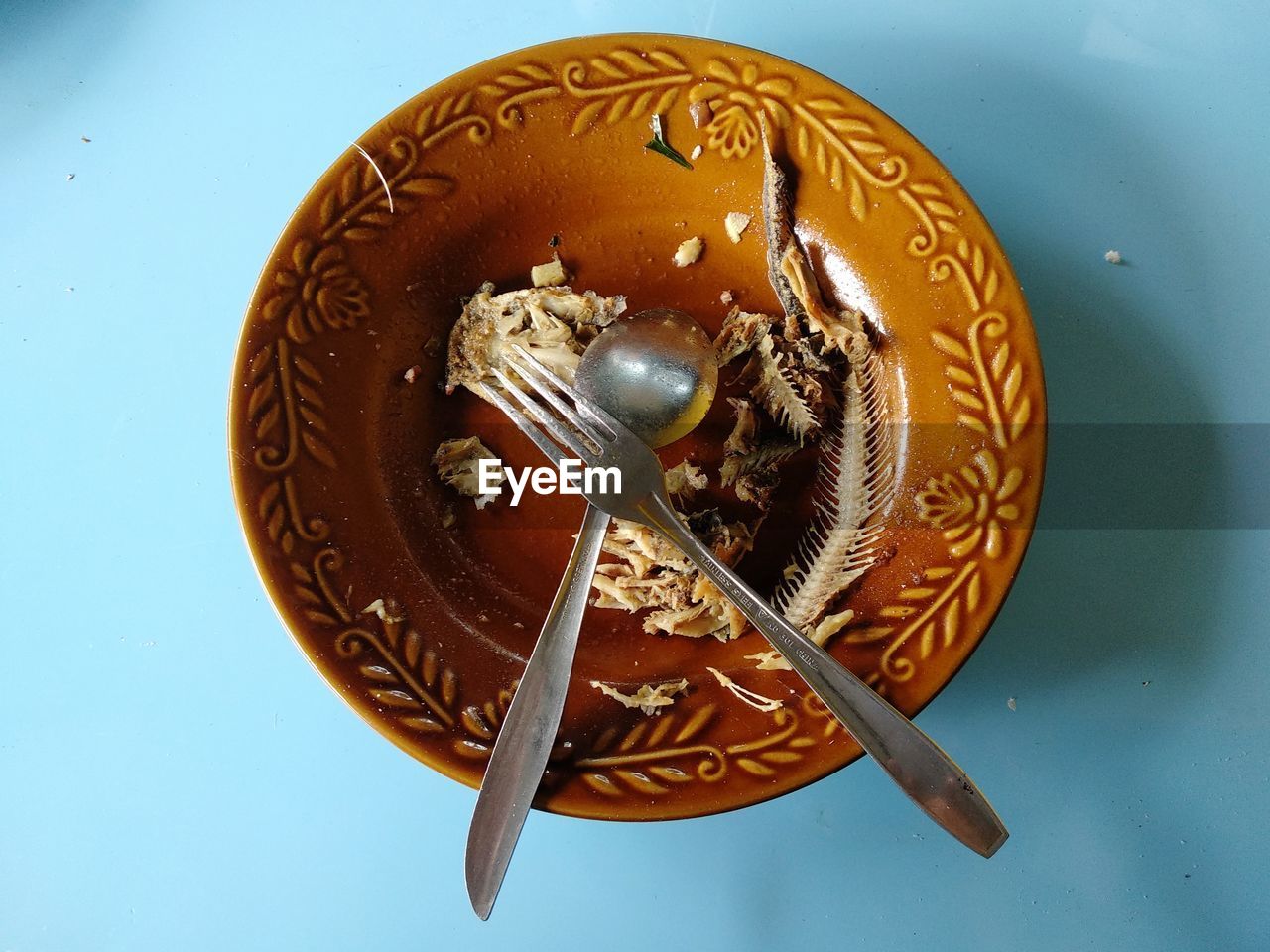 HIGH ANGLE VIEW OF FORK IN PLATE