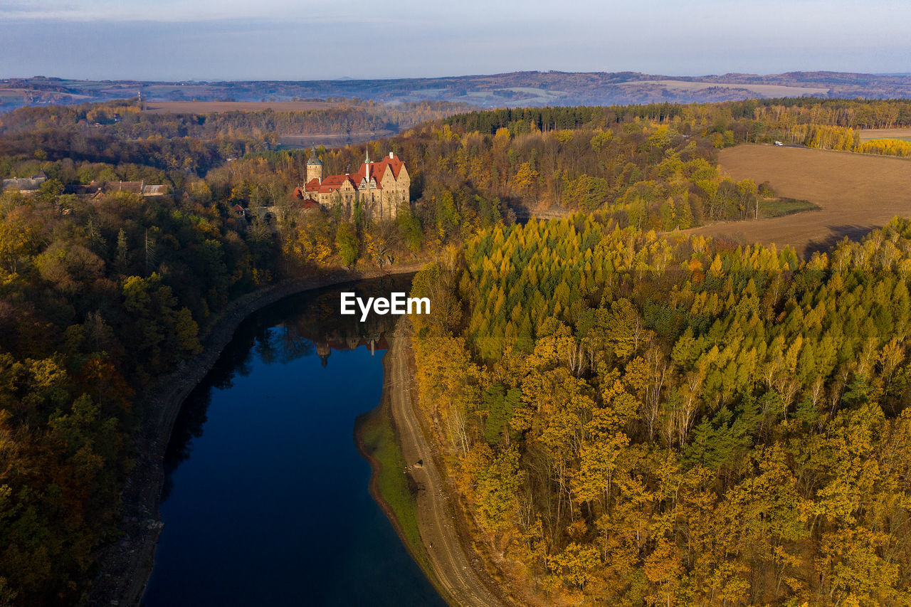 Panoramic view on czocha castle, poland. drone photography.