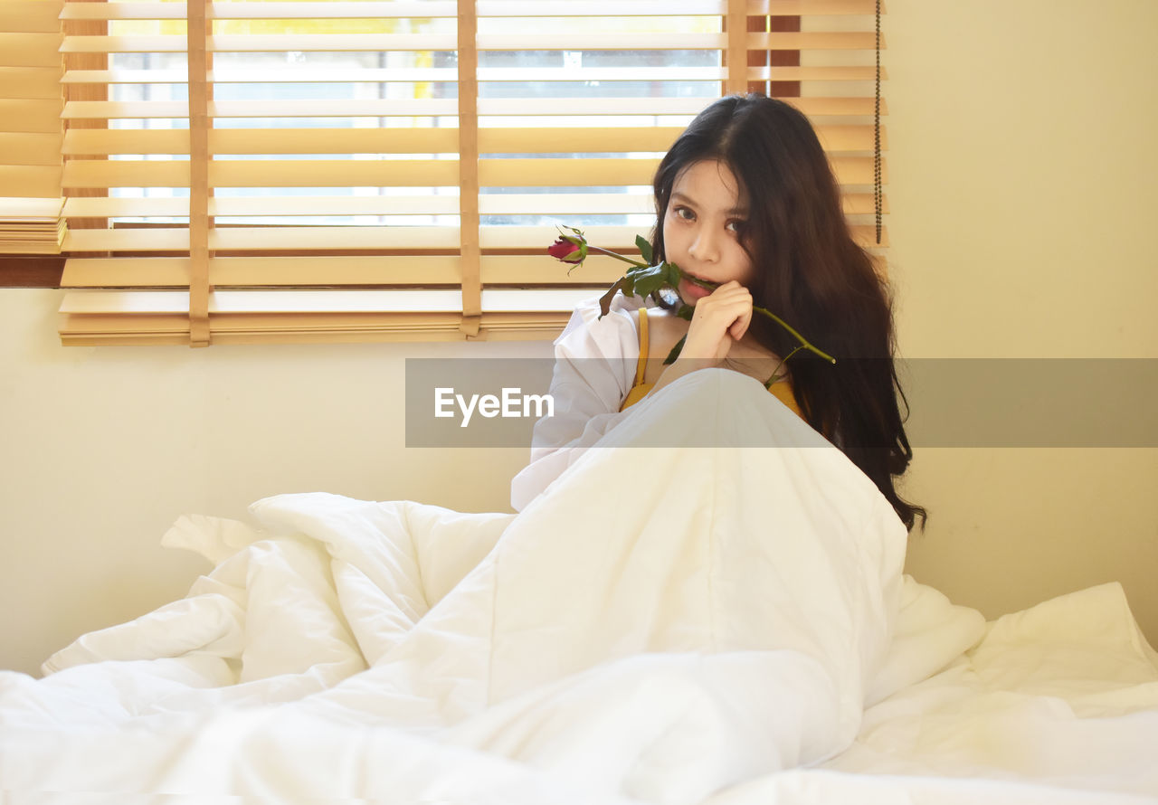 Women Is On Bed Room White Room Lovely With Rose On Eyeem