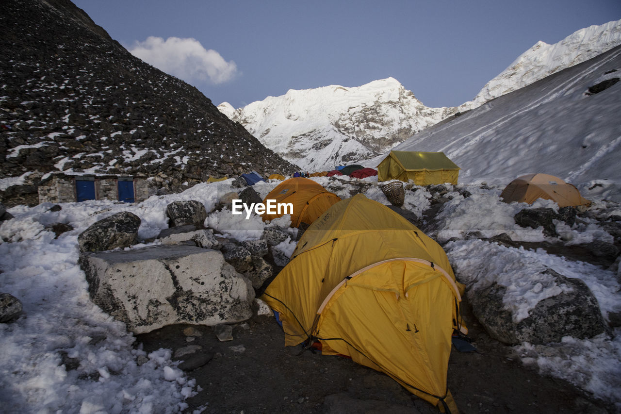 Tents at island peak base camp in nepal's khumbu valley.