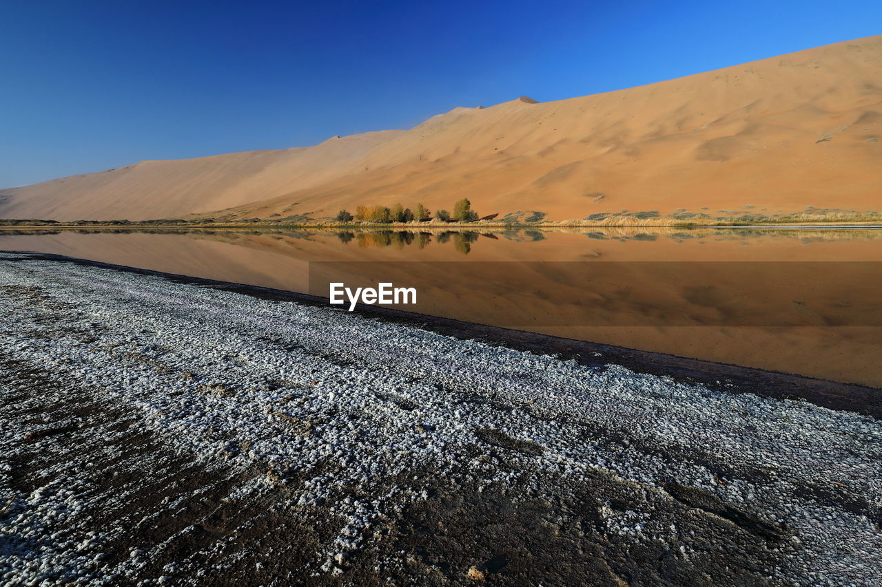 1200 sumu jaran lake's western megadune reflected on mirroring water. badain jaran desert-china.