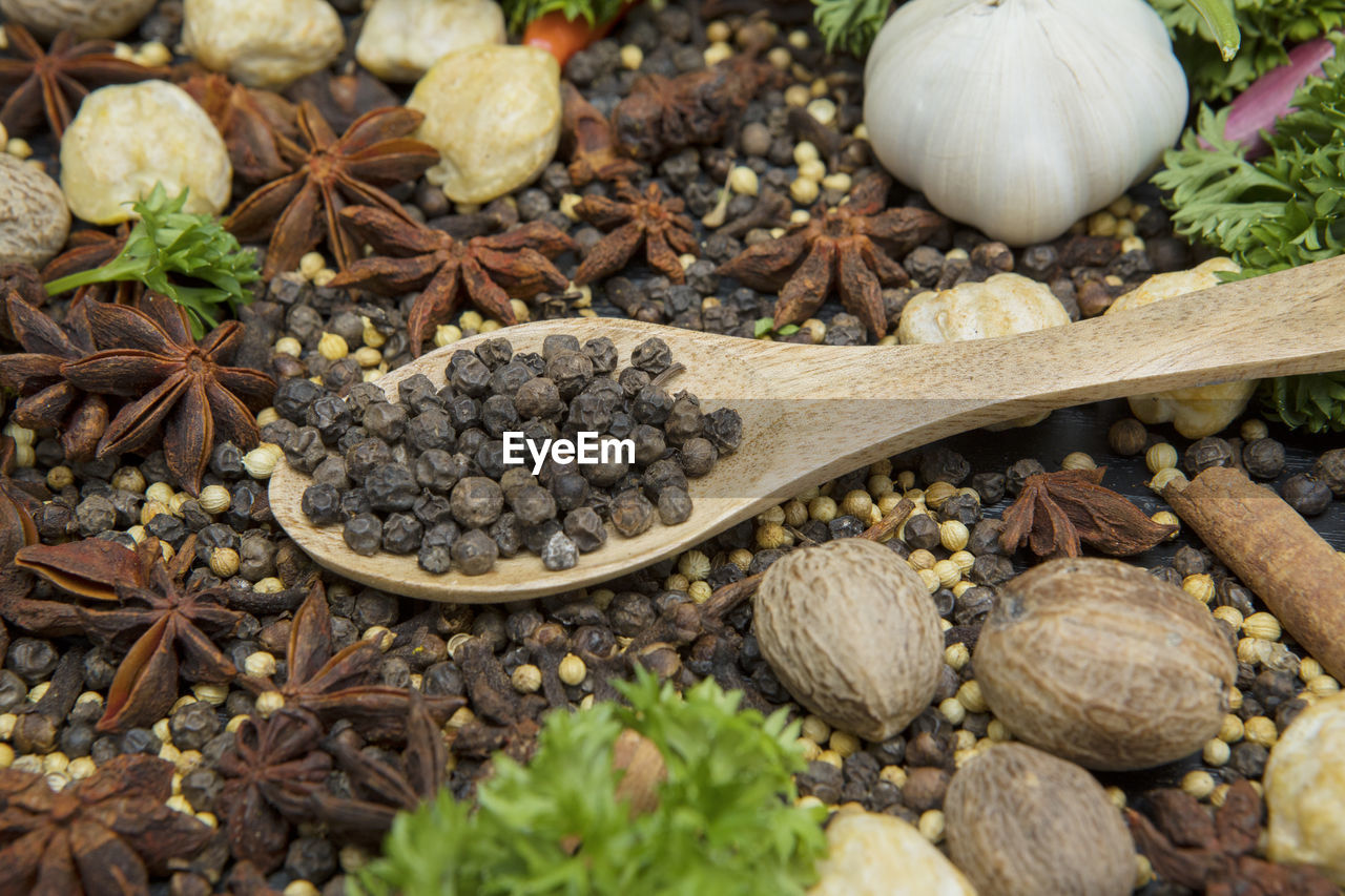 High angle view of spices in wooden spoon