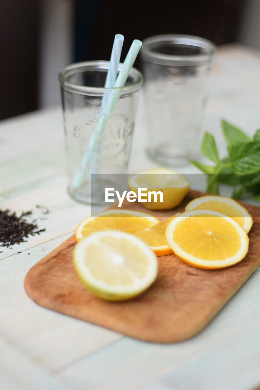 View of ingredients for preparing lemon mint tea