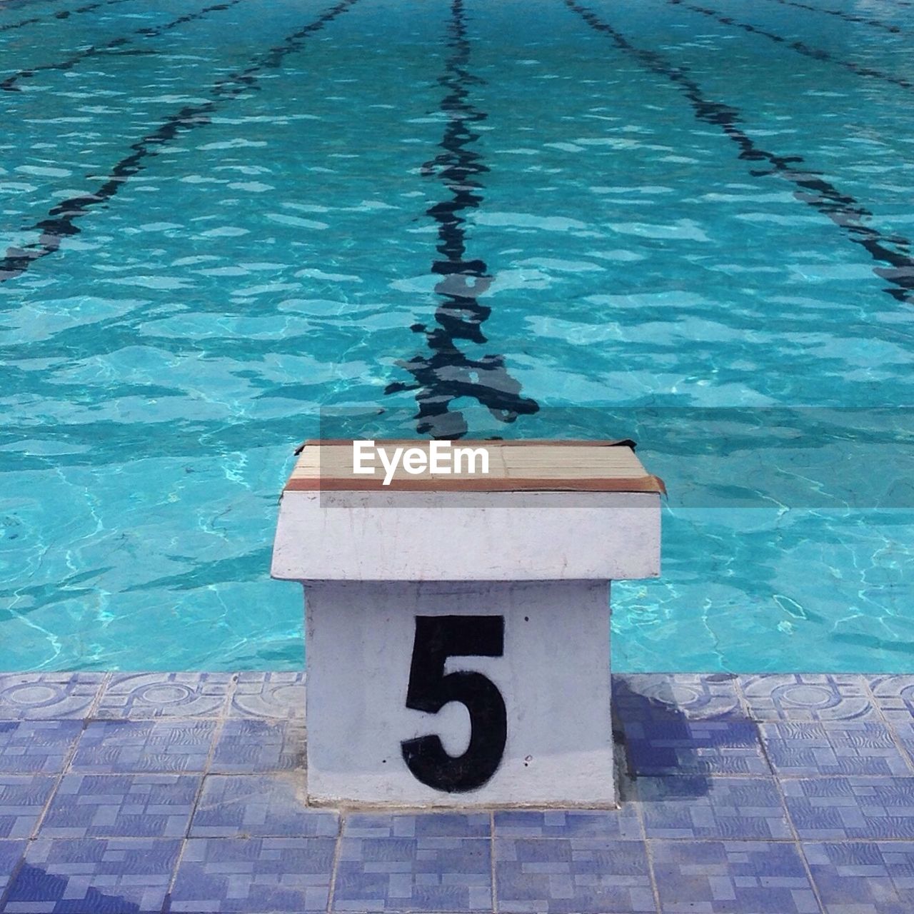 Swimming starting block number 5 against pool