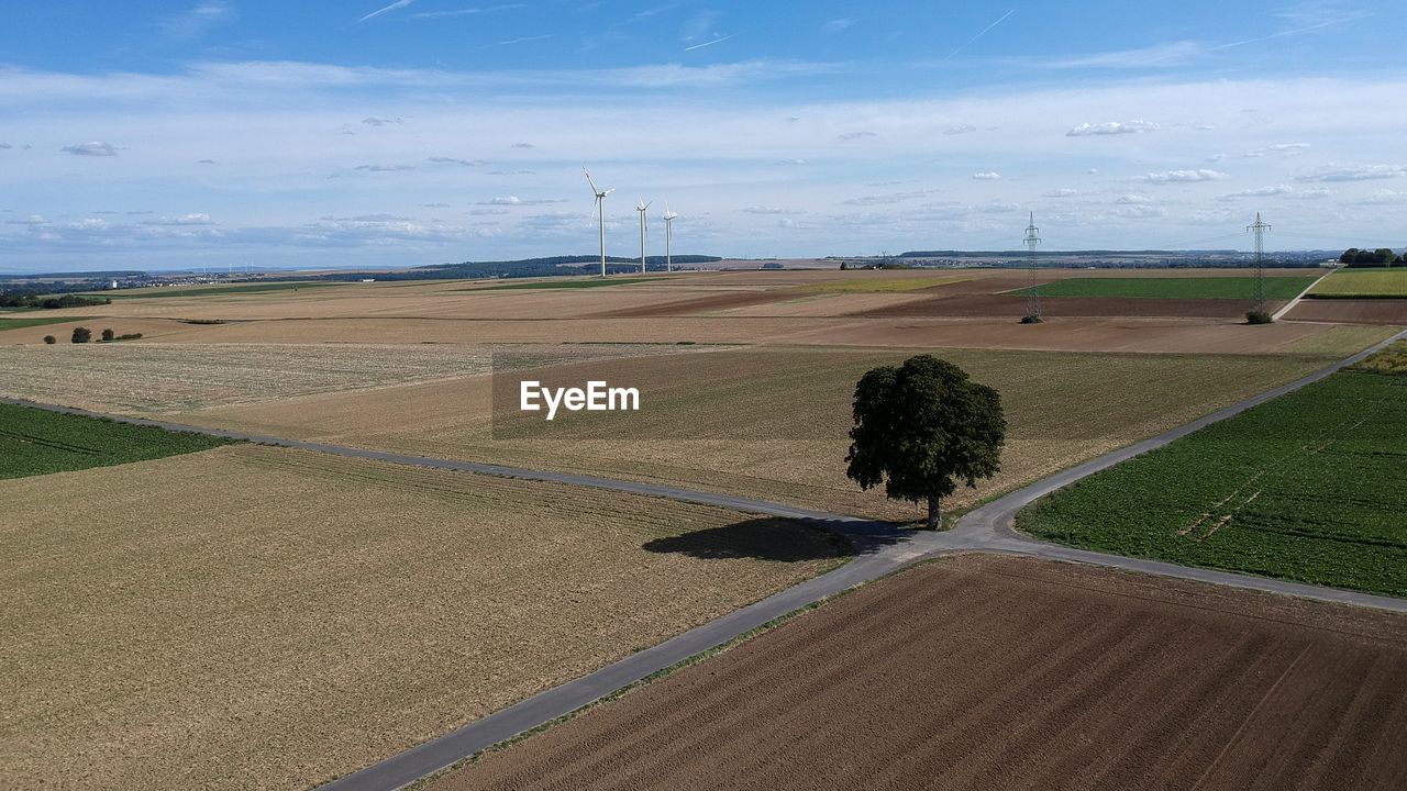 Scenic aerial view of agricultural field against sky