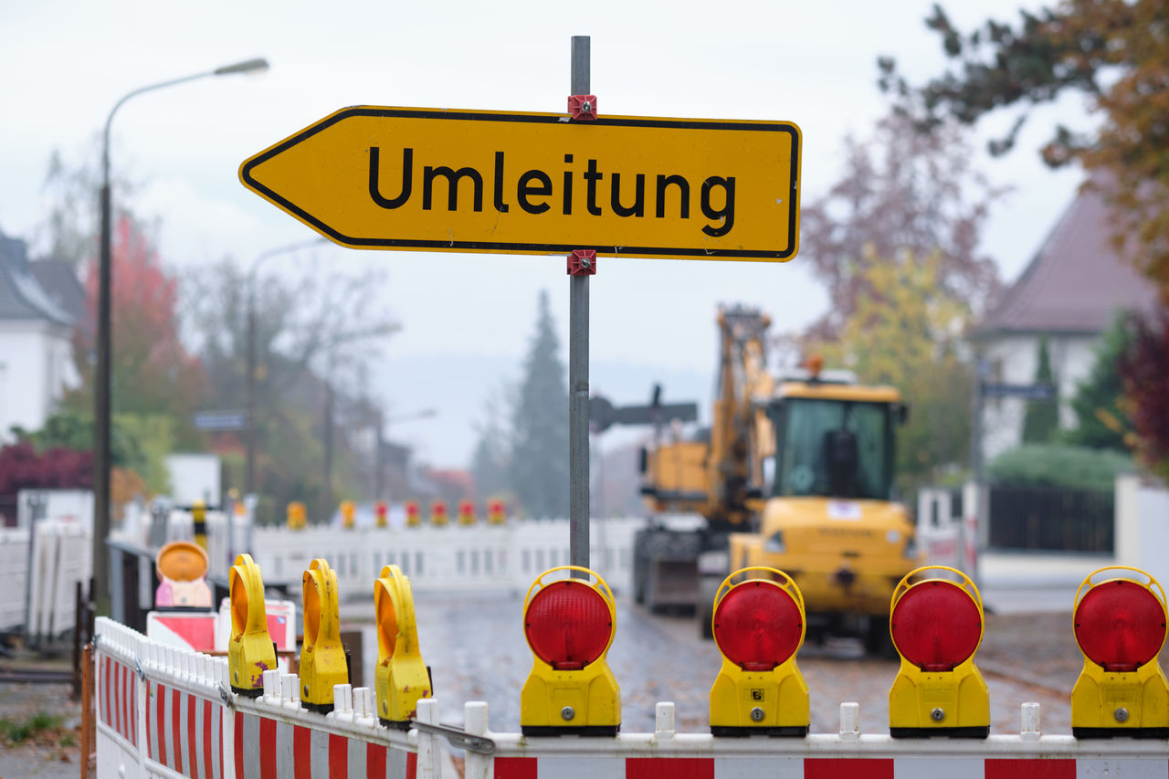 A umleitung  detour  traffic sign at a closed road in germany in november