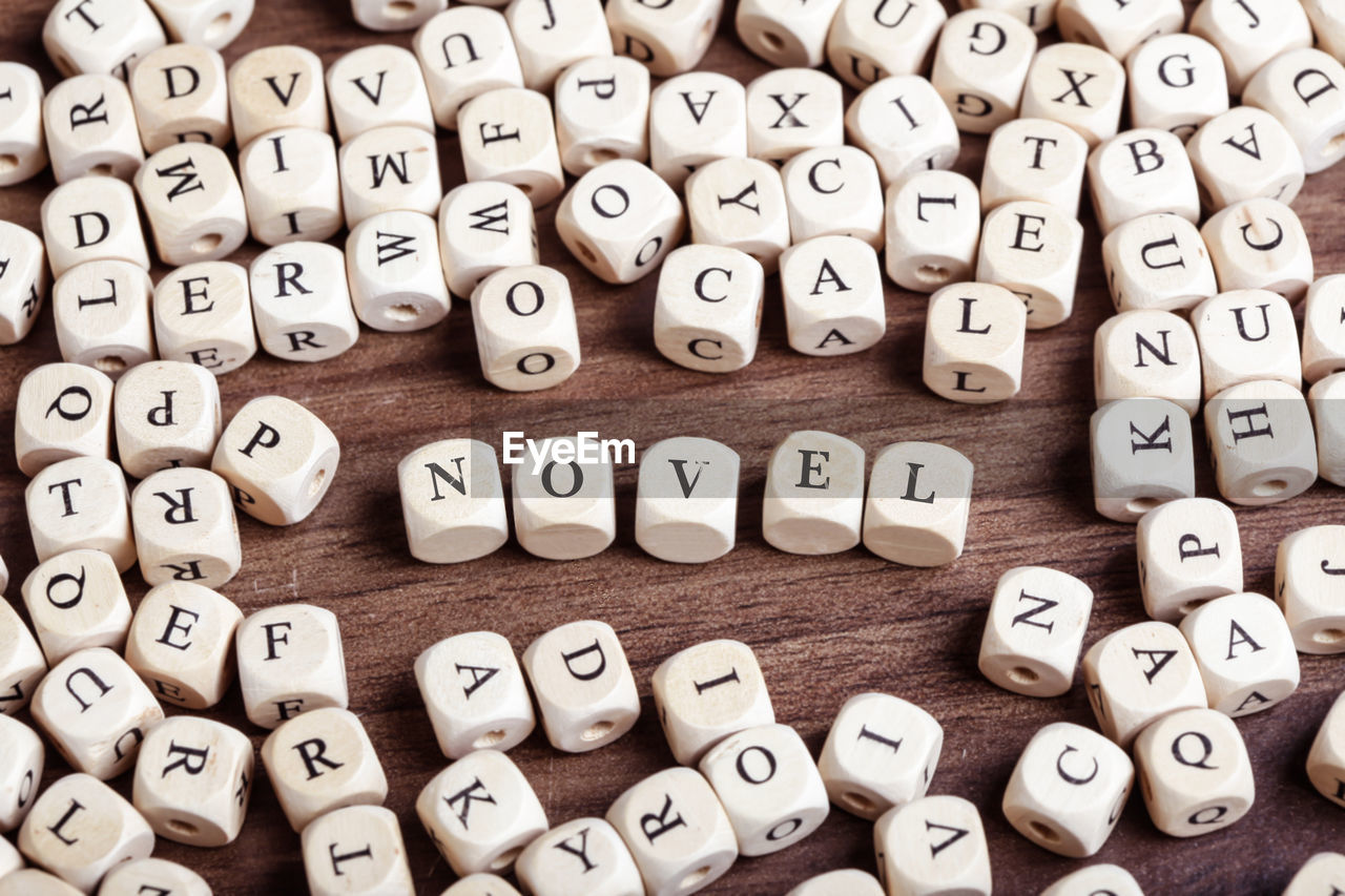 Word novel in letters on cube dices on table.