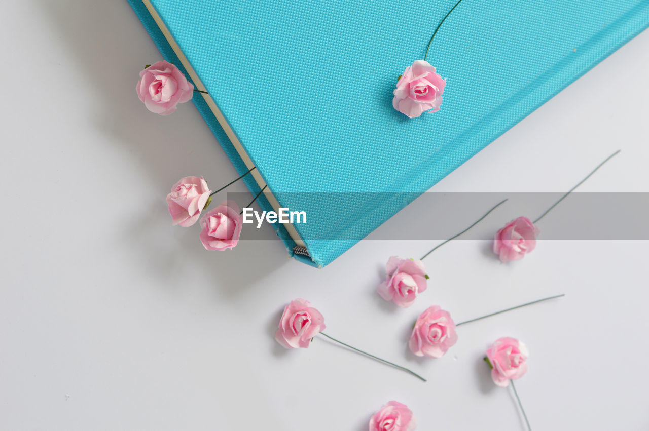 Artificial pink roses spread over a blue note book on white background