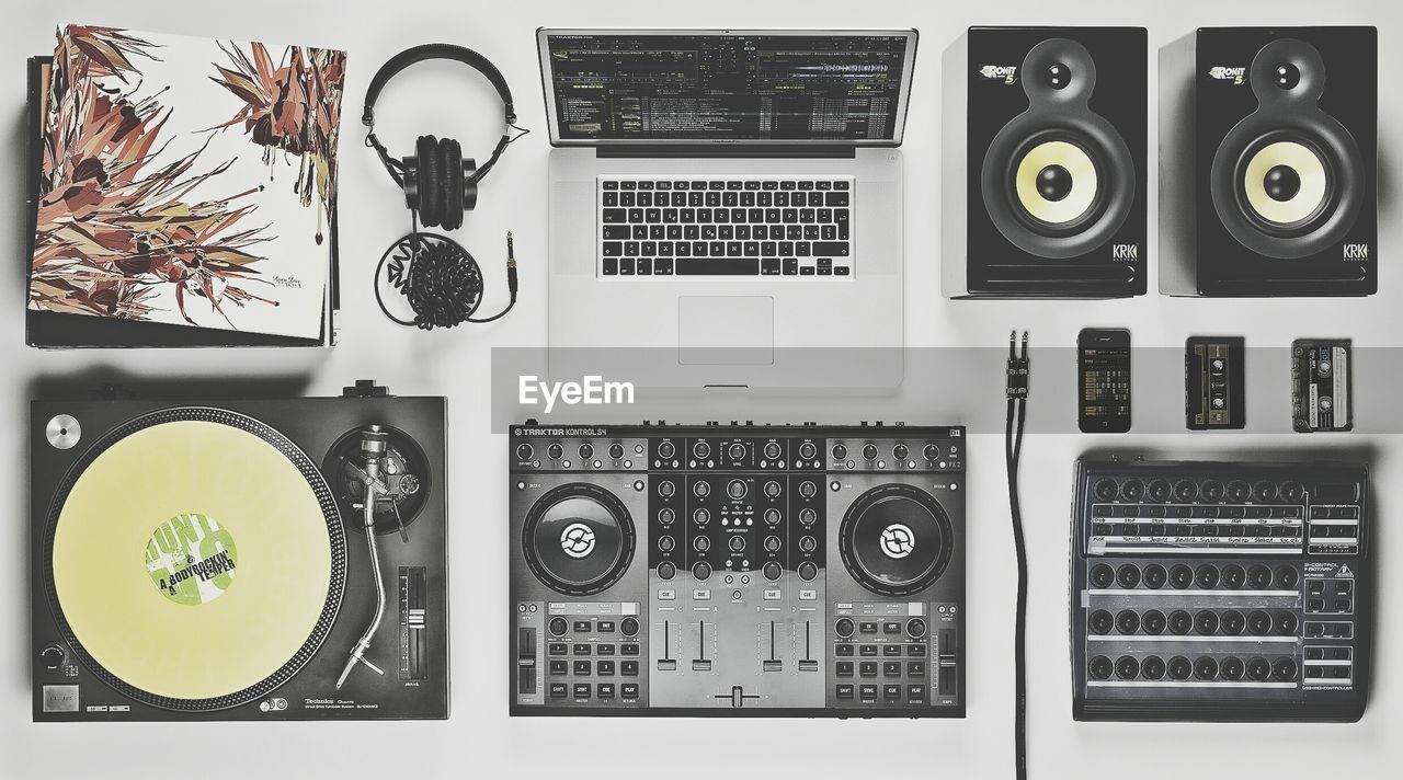 High angle view of electronics