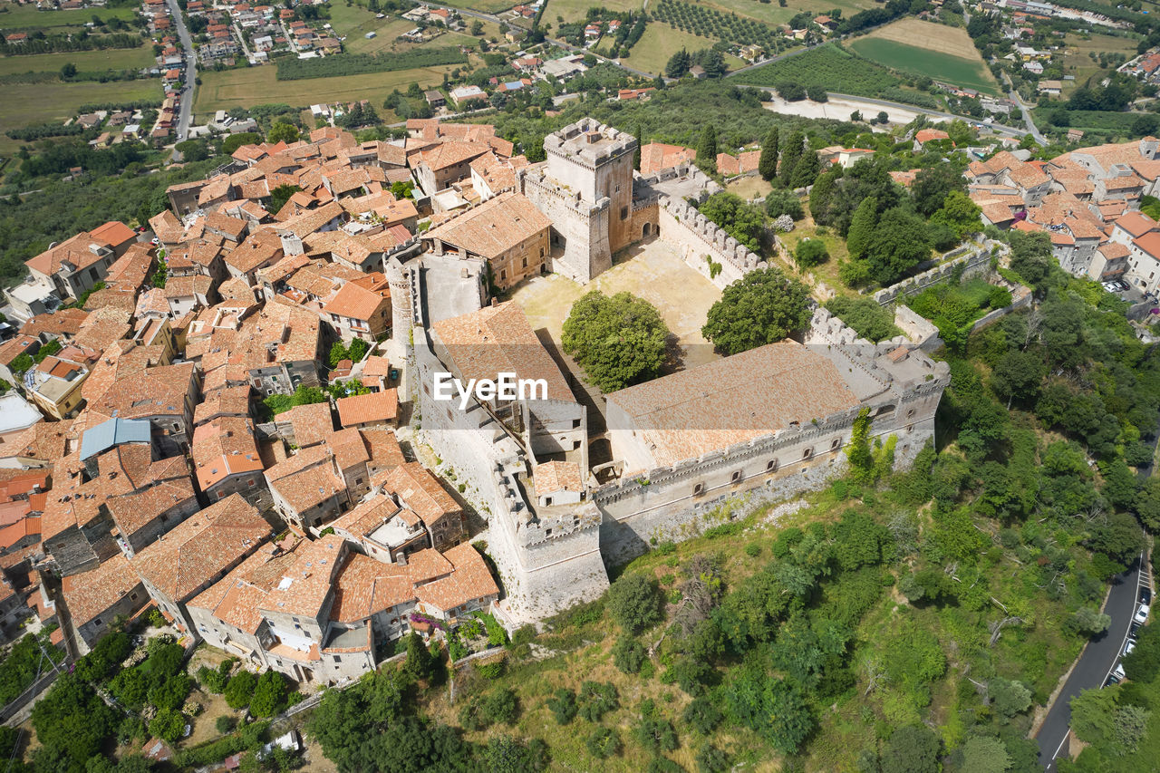 Aerial view of the medieval town castle of sermoneta latina