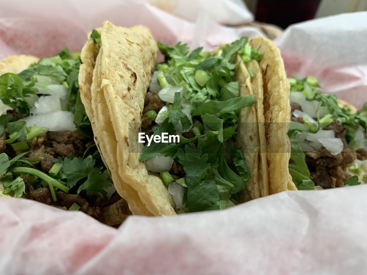 High angle view of tacos in container 
