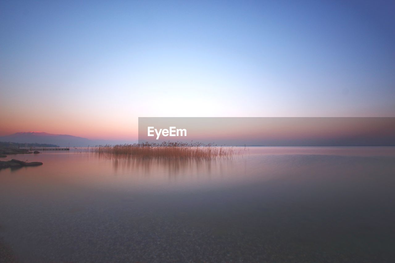 SCENIC VIEW OF BEACH AGAINST CLEAR SKY AT SUNSET