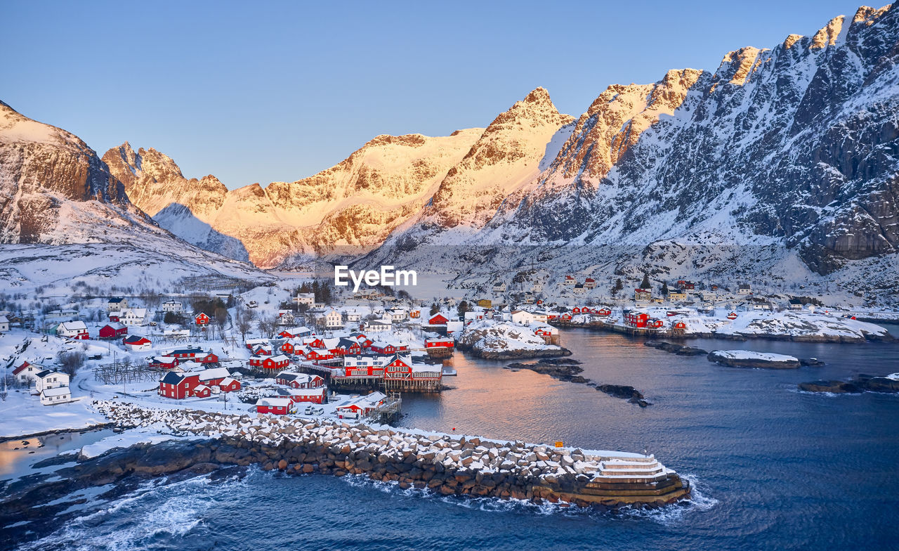 Charming typical fishing village in the lofoten islands, norway. aerial view. panoramic image.