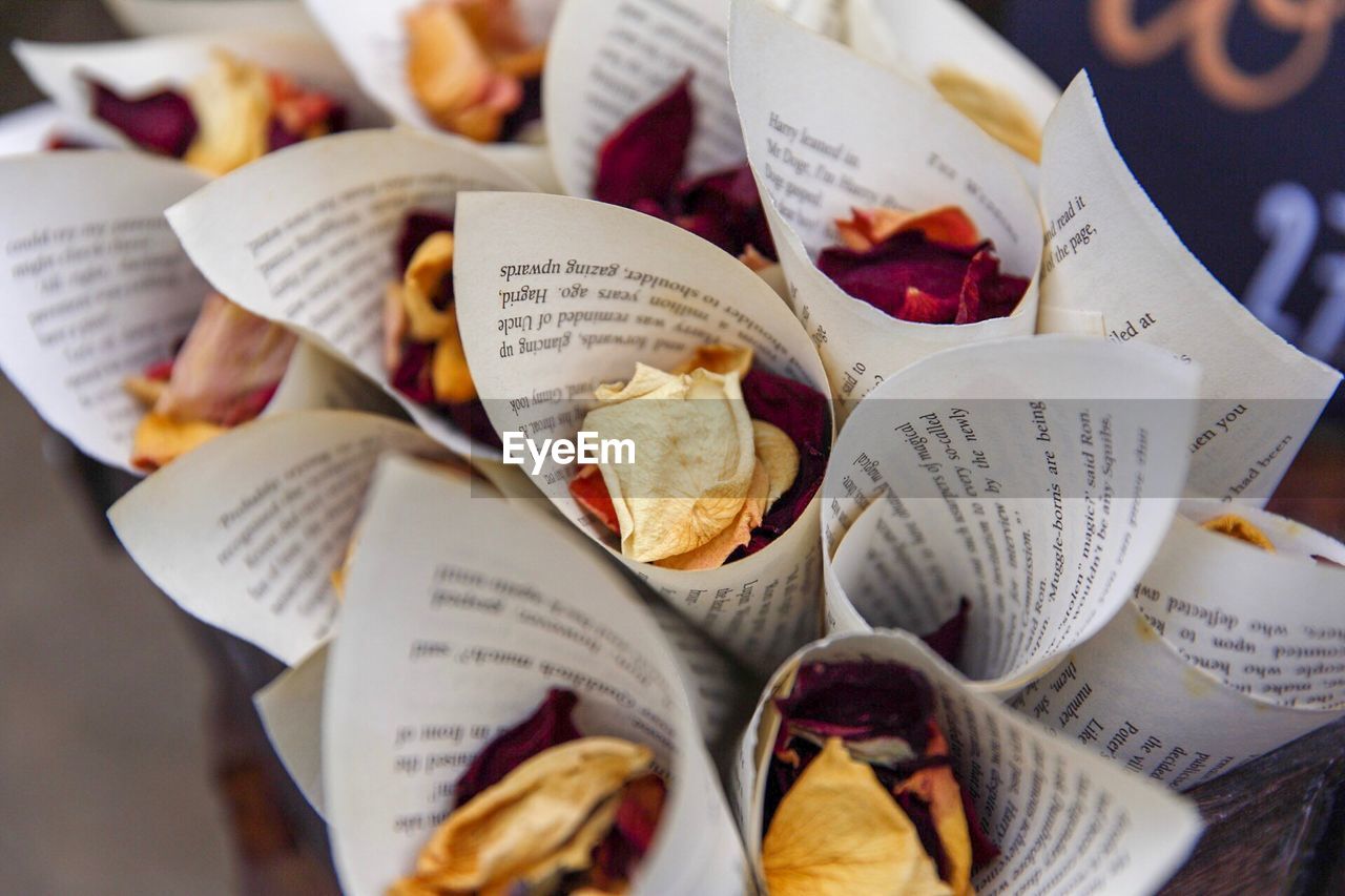 Close-up of dried flower petals in rolled papers