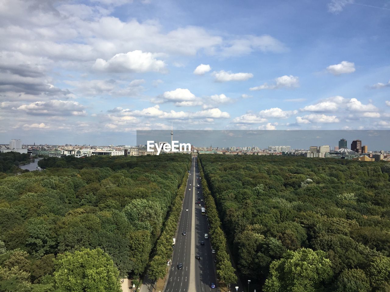 High angle view of road along buildings