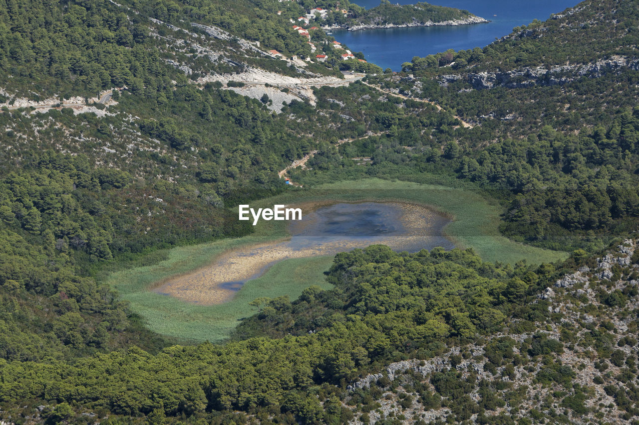 Aerial view of brackish wetland on mljet island, croatia
