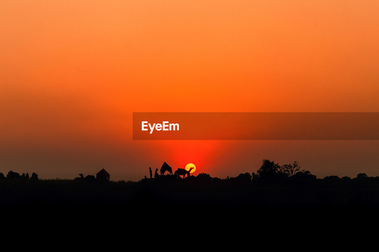 Silhouette trees on field against orange sky