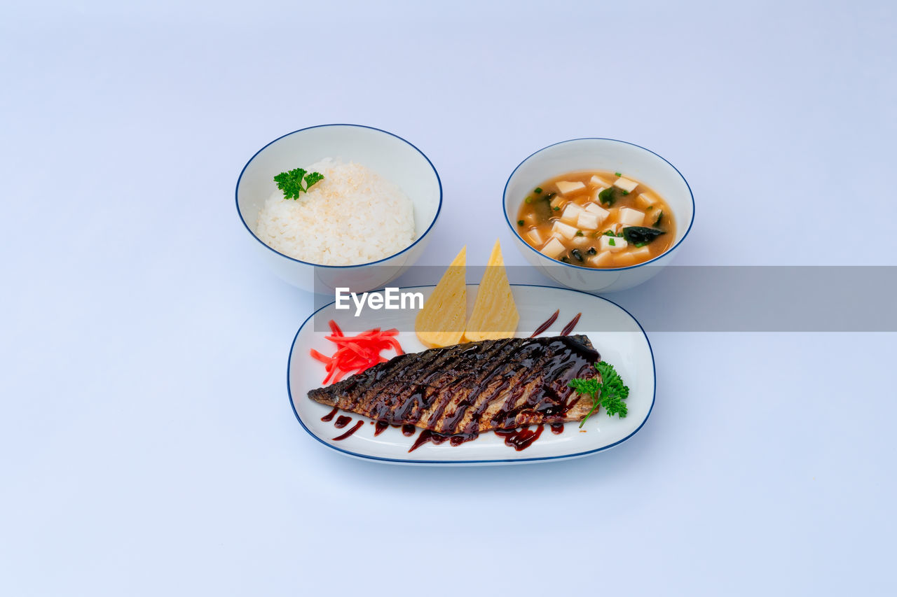 directly above shot of food in plate on white background
