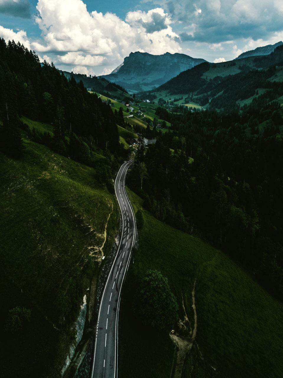 AERIAL VIEW OF ROAD AMIDST MOUNTAINS