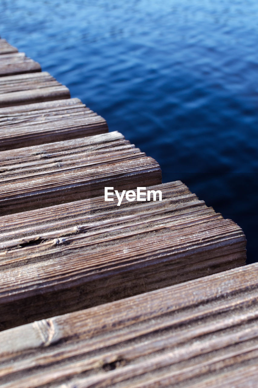 High angle, close up view of pier on lake 