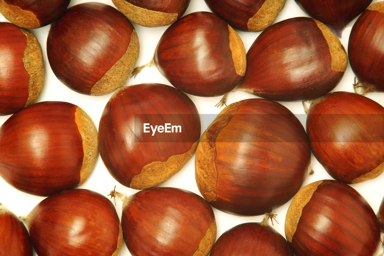 Close-up of hazelnuts over white background