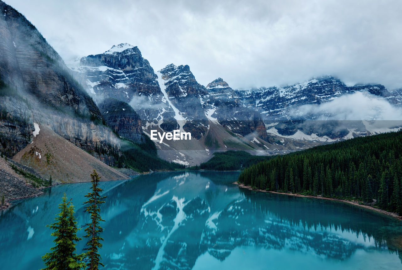 Scenic view of lake by snowcapped mountains against sky