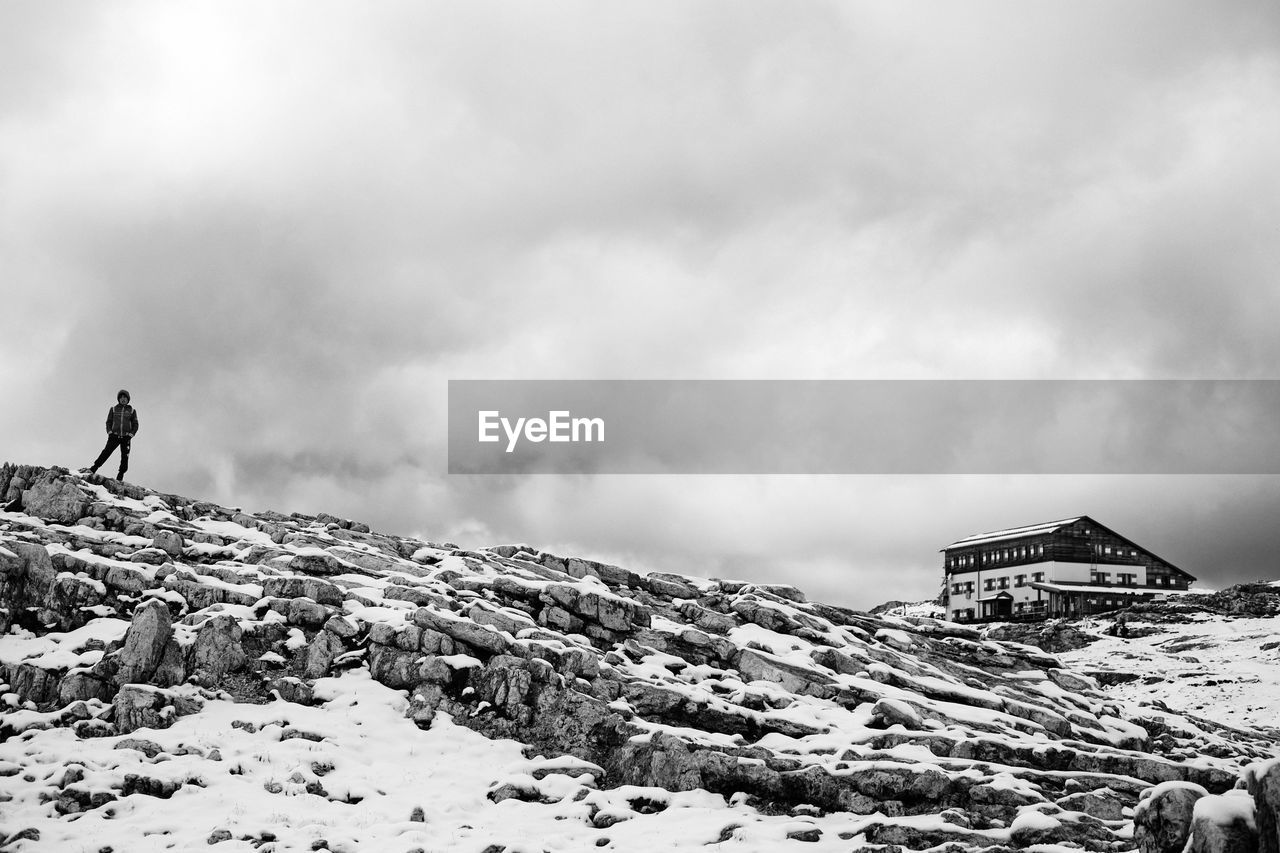 First snow on dolomites, walking on altopiano della rosetta