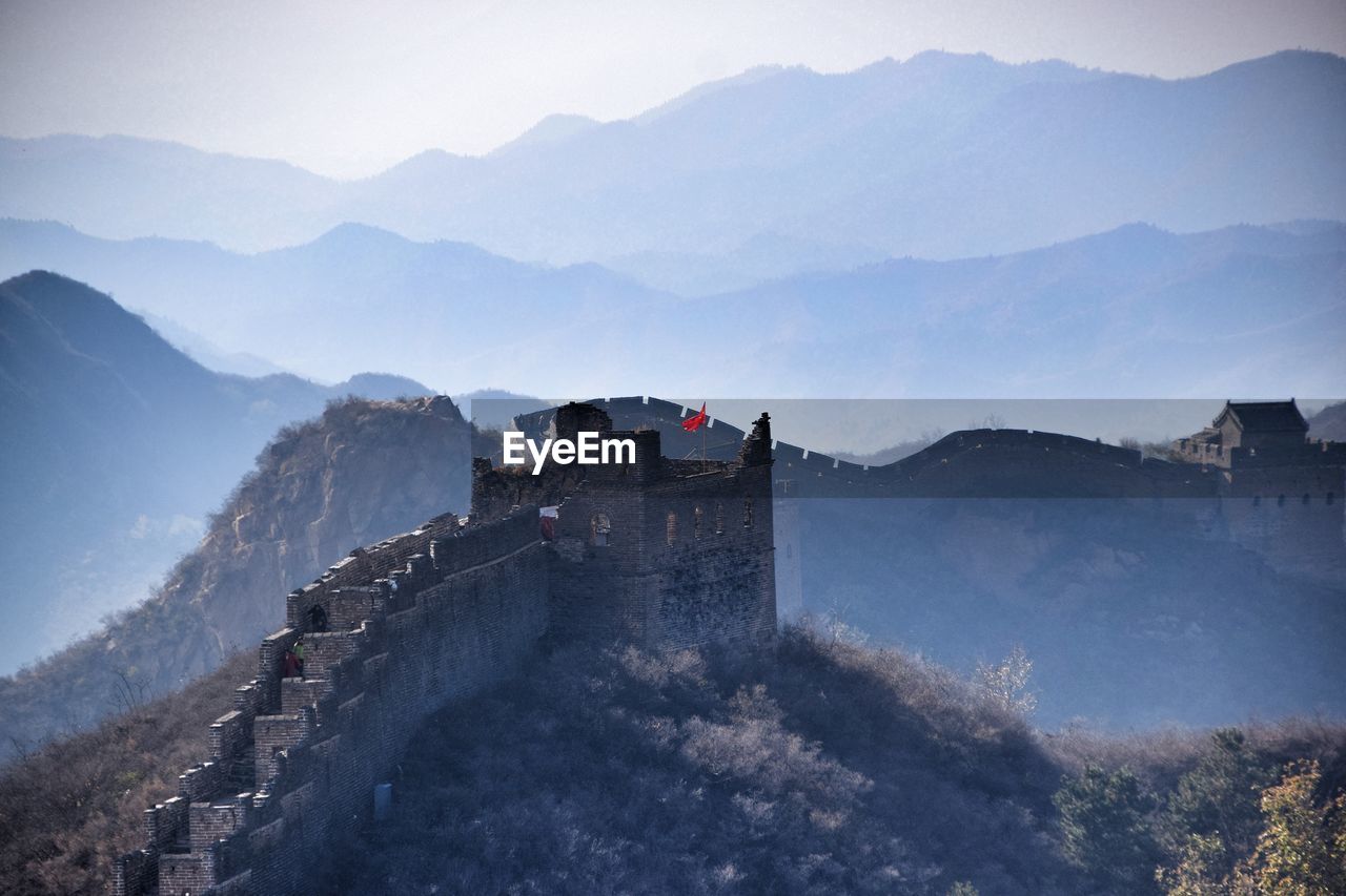 High angle view of great wall of china and mountain range