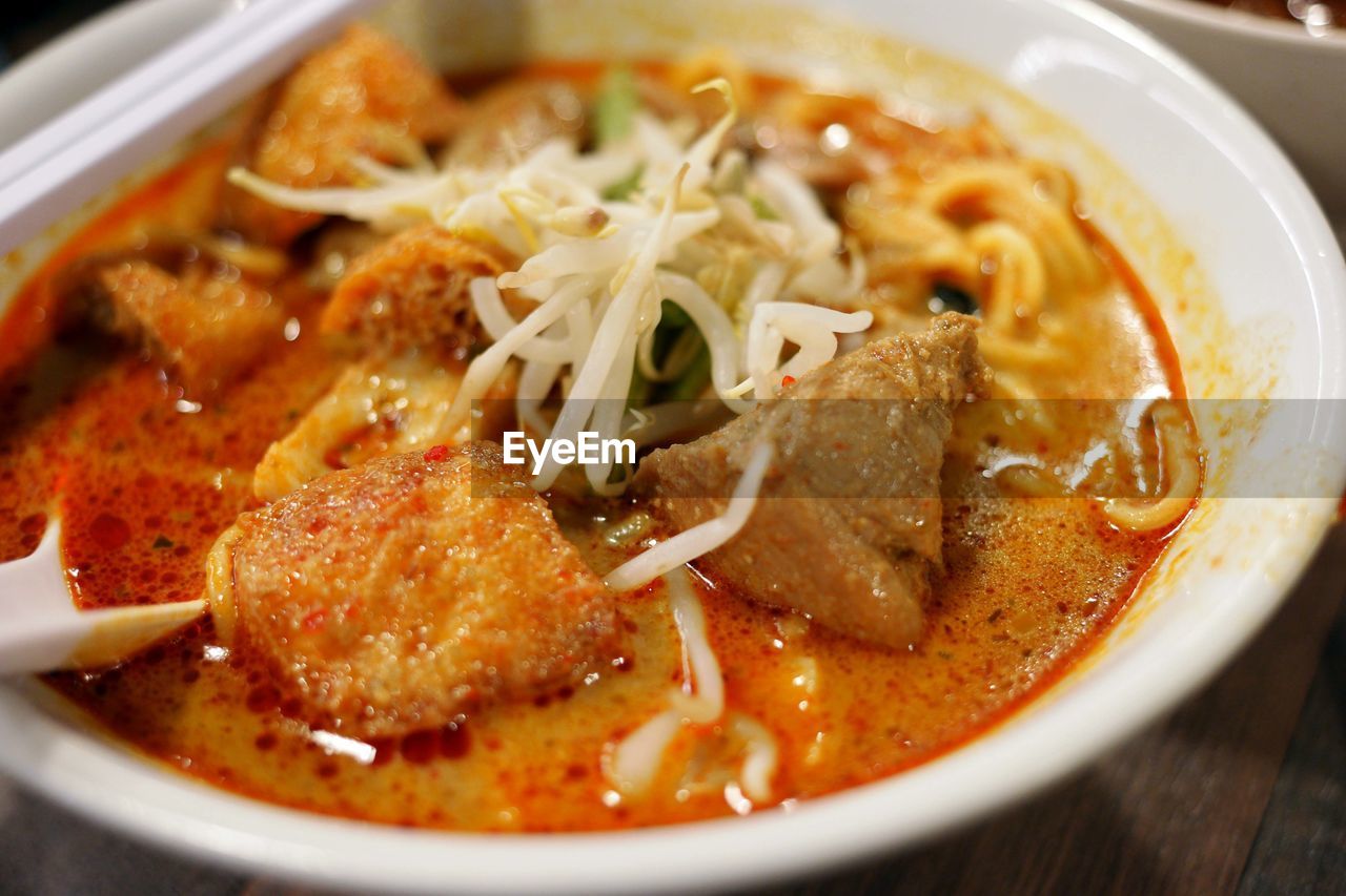 High angle view of laksa soup in bowl on table