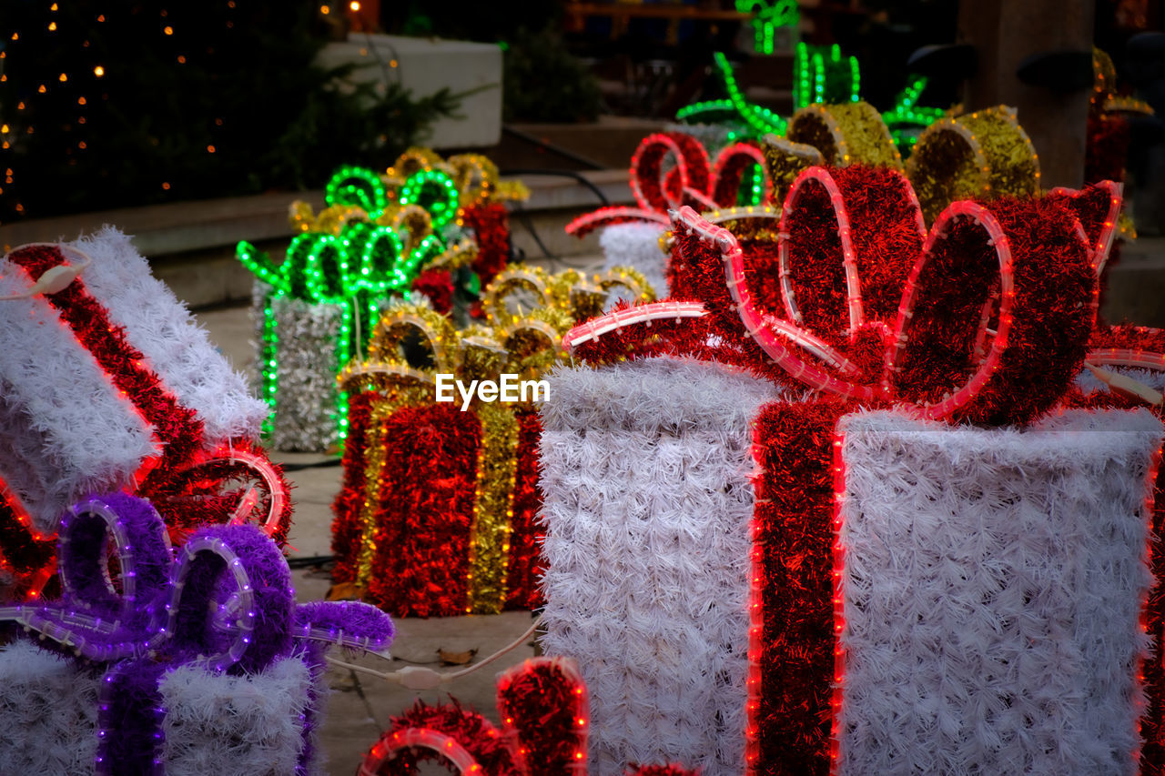 Close-up of illuminated christmas gift