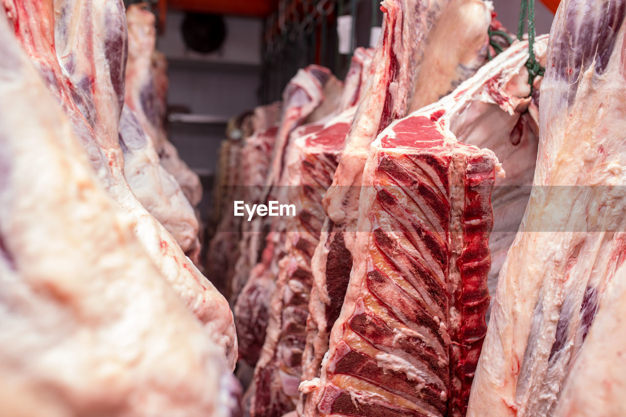 Close-up of raw meat hanging at butcher shop