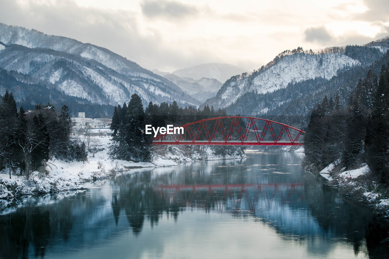 Scenic view of lake by mountains against sky