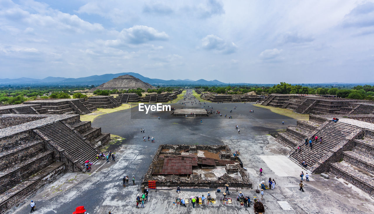 High angle view of crowd in ancient city against sky. teotihuacan