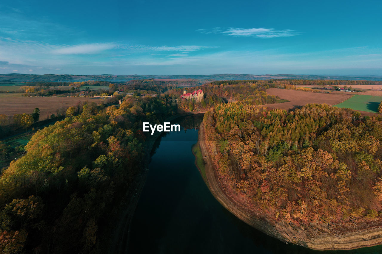 High angle view of river against cloudy sky