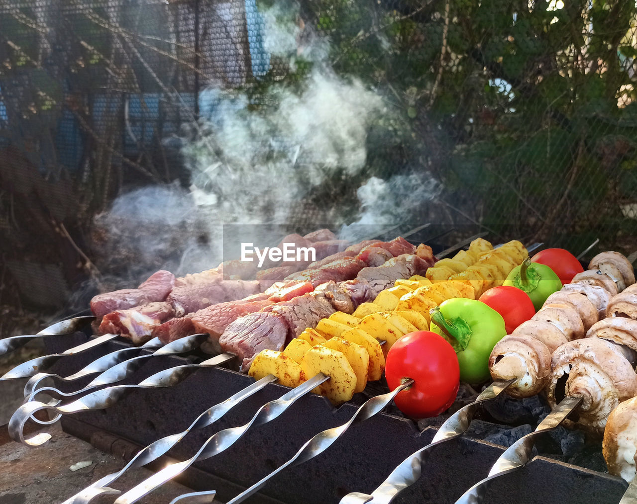 Vegetables and meat kebab on barbecue grill   in the fresh air