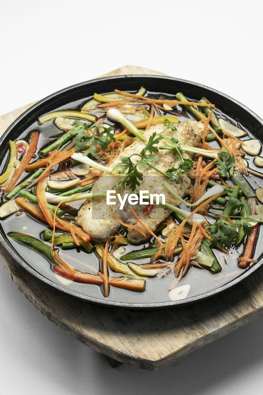 high angle view of food in plate on table