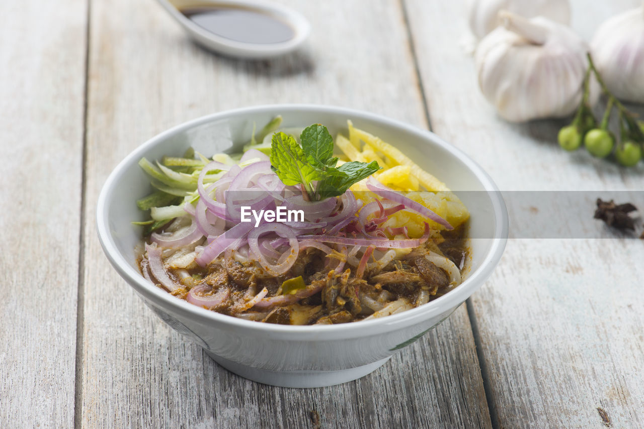 HIGH ANGLE VIEW OF FOOD IN BOWL ON TABLE