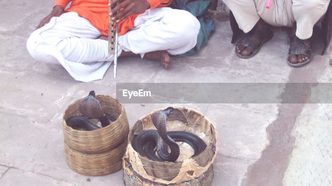 Low section of snake charmers in front of cobra in baskets