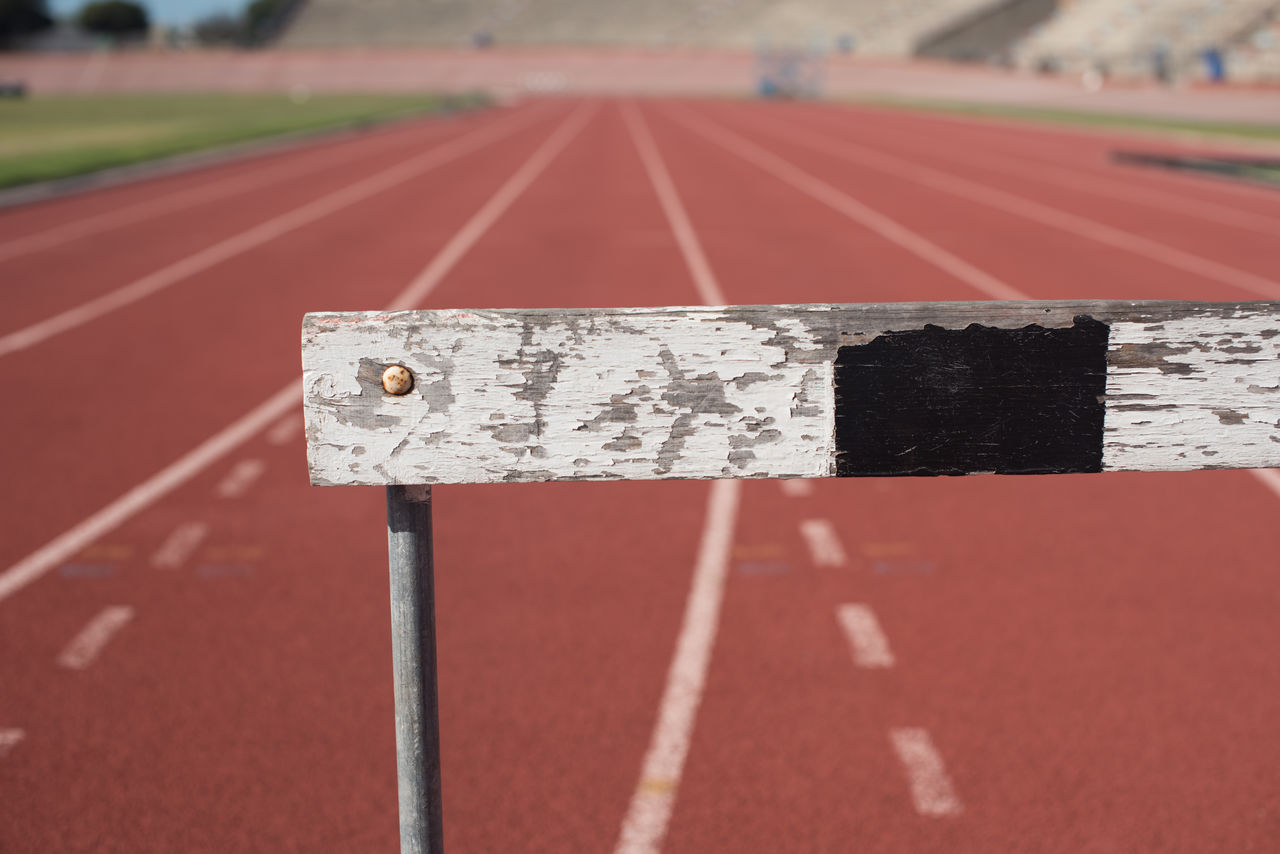 Close-up of hurdle on of sports track