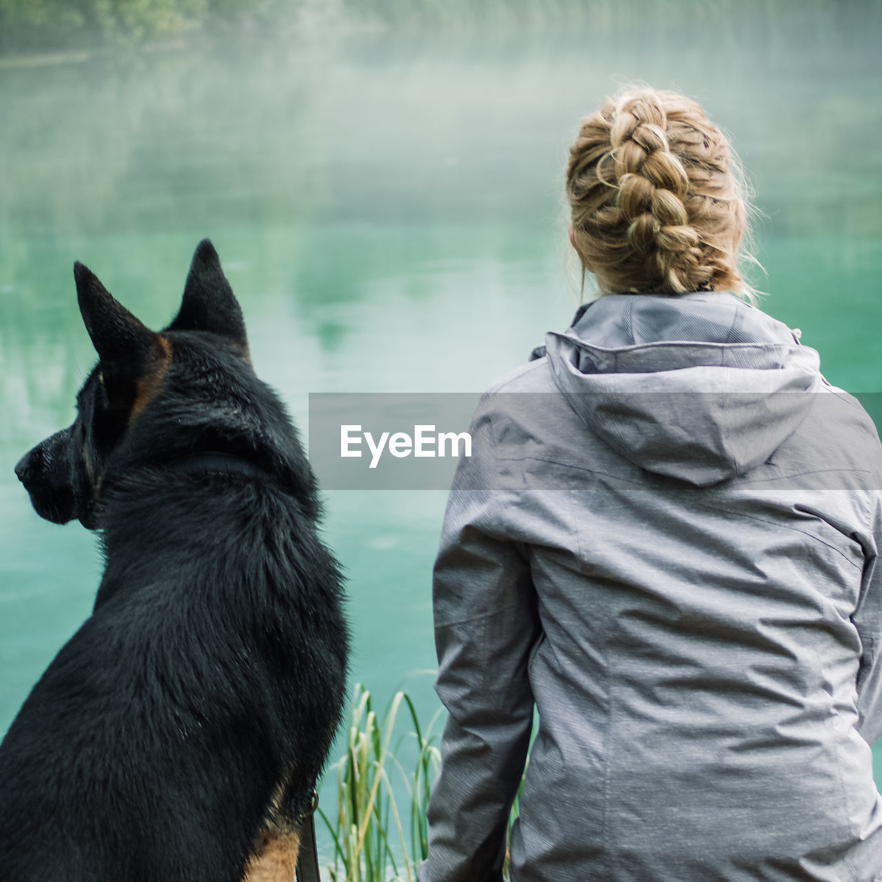 Rear view of woman with dog looking at view