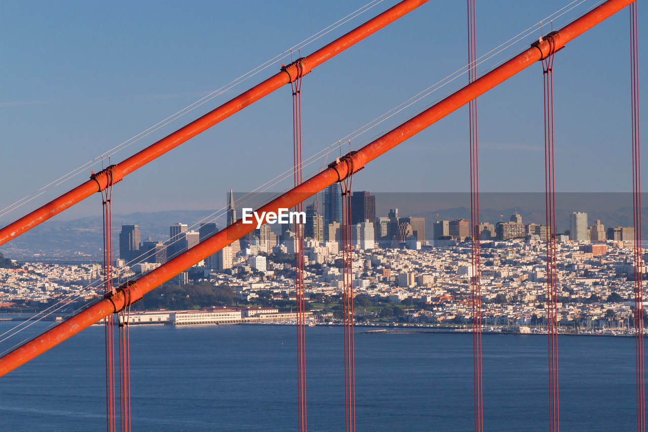 Golden gate bridge over bay against sky