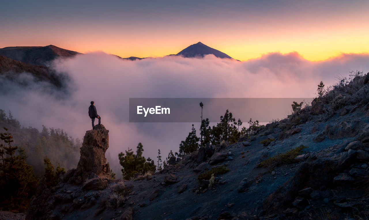 Back view of anonymous explorer standing on rock and observing majestic scenery of mountains under thick fog in morning during vacation in tenerife