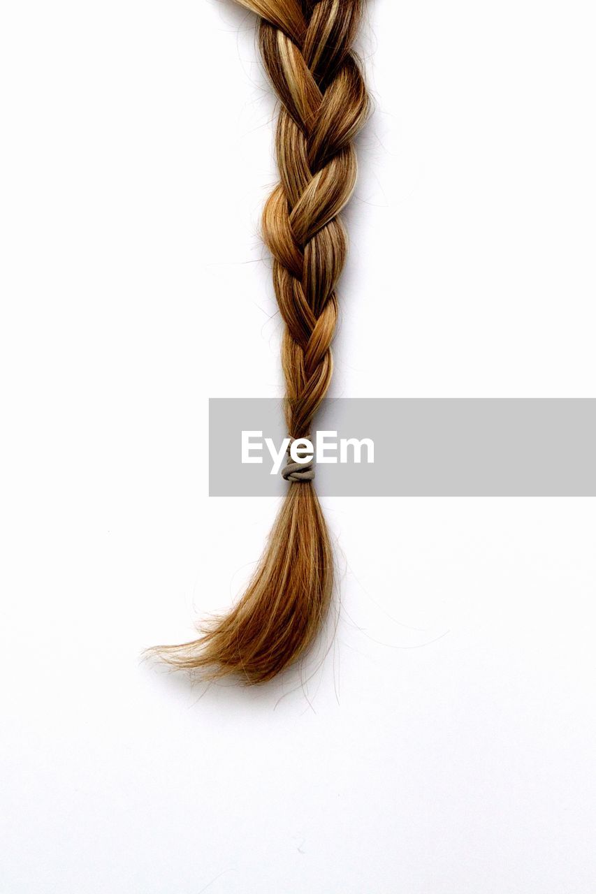 Blond braided hair against white background