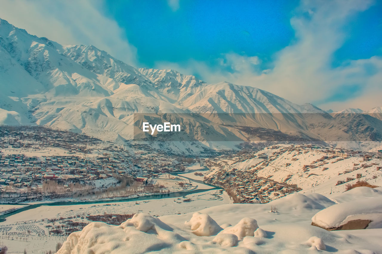 Scenic view of kargil town in ut ladakh india covered with snow in day time of a winter season